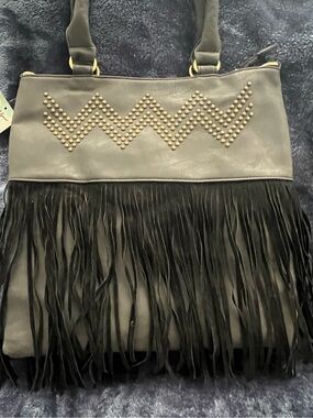 Heritage West Fringed Shoulder Tote in Black/Charcoal with Gold Accents